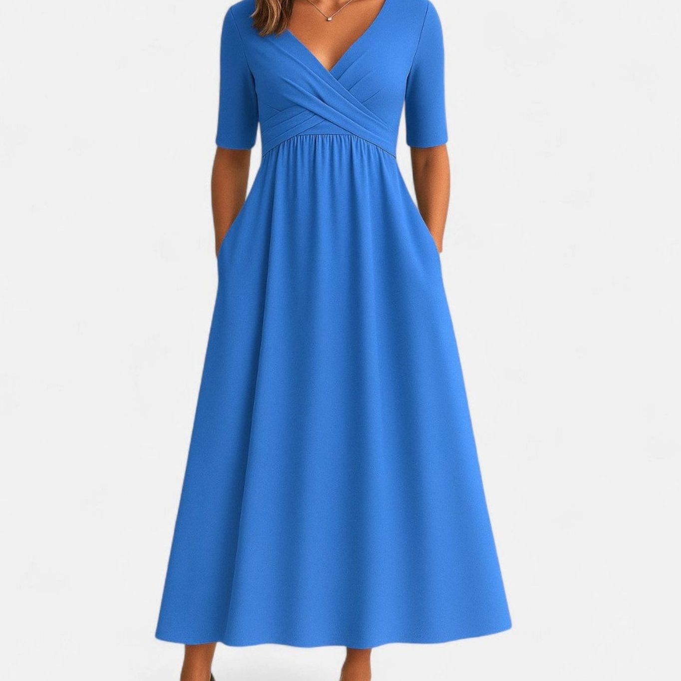 Vista frontal completa del vestido midi de escote V para mujer