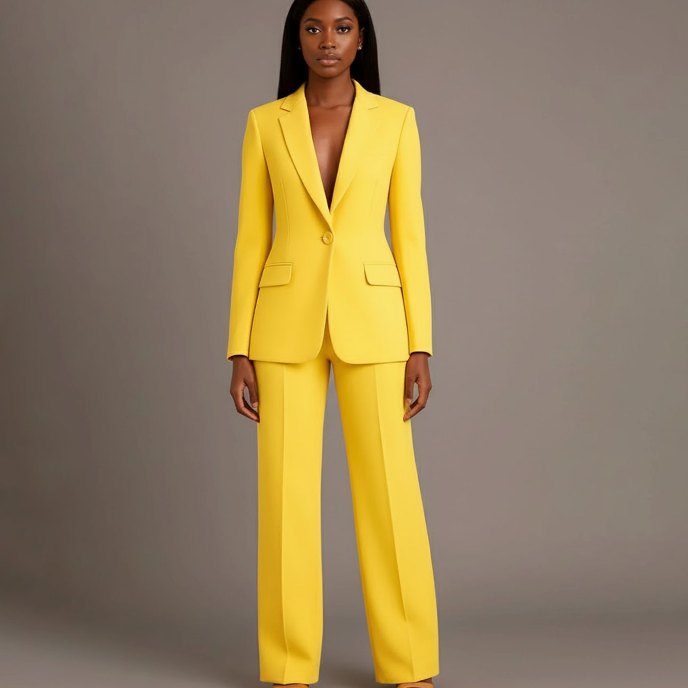 Modelo combinando el traje con complementos elegantes