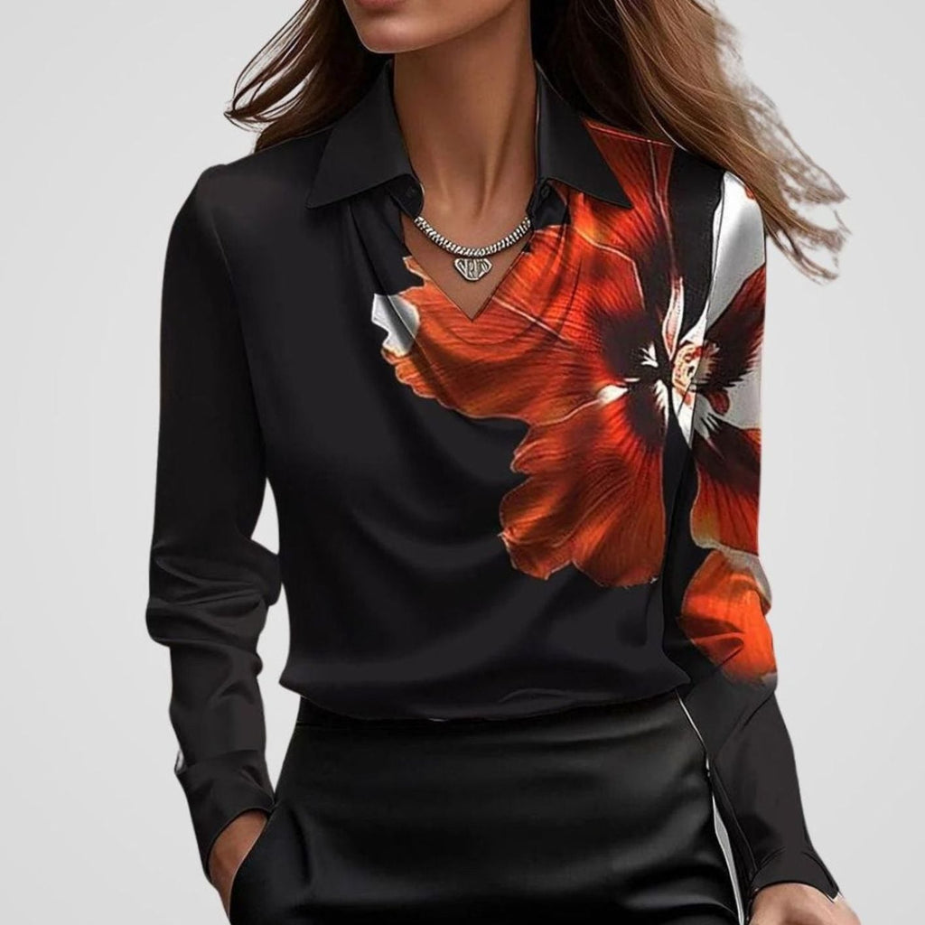 Blusa gris de cuello cascada estilo profesional