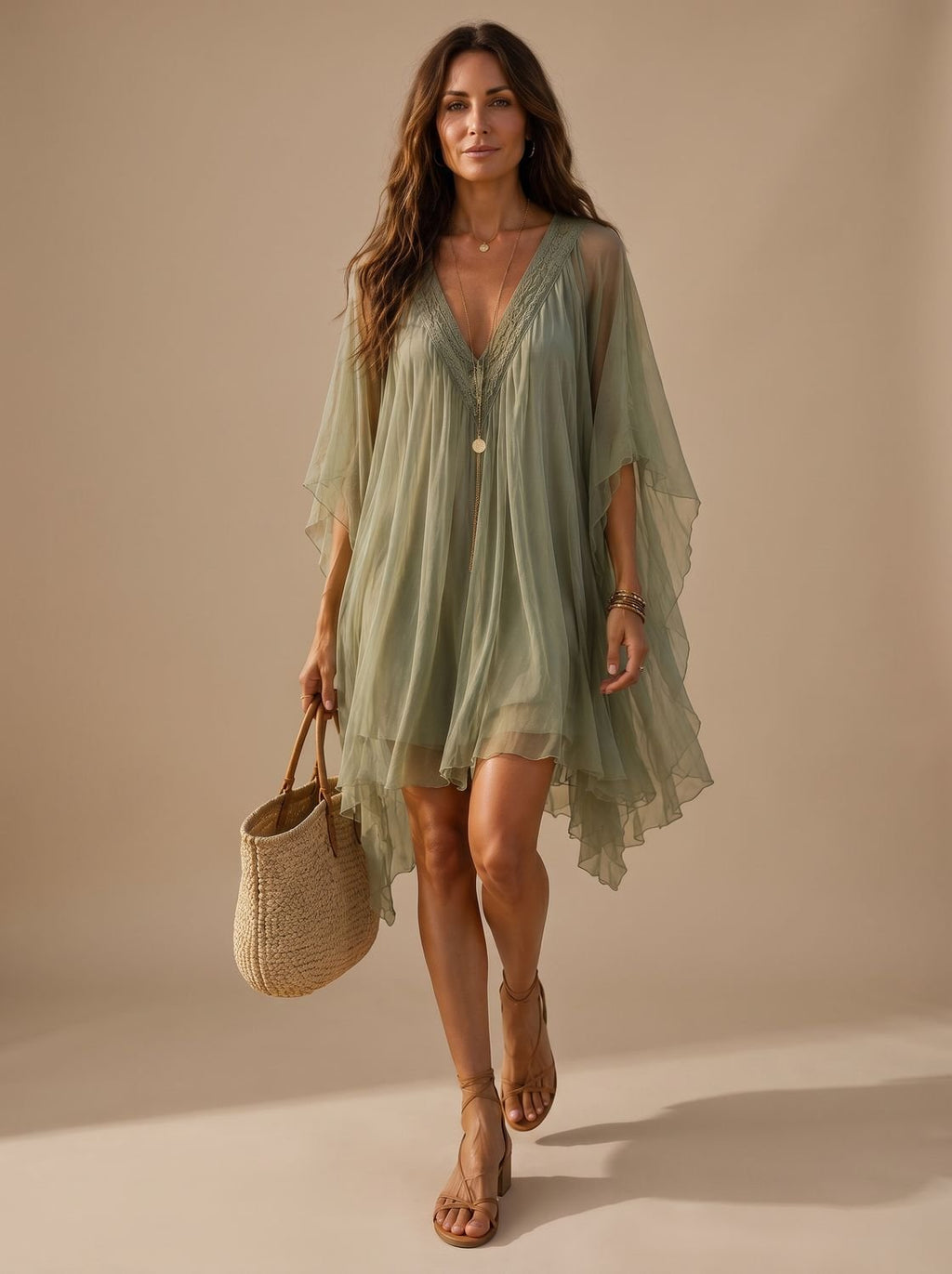 Mujer con vestido mini de gasa boho verde con escote en V en la playa