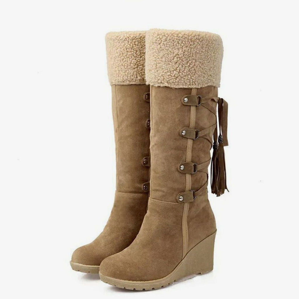 Botas altas de mujer con cuña y cuello de borreguito, estilo boho invierno