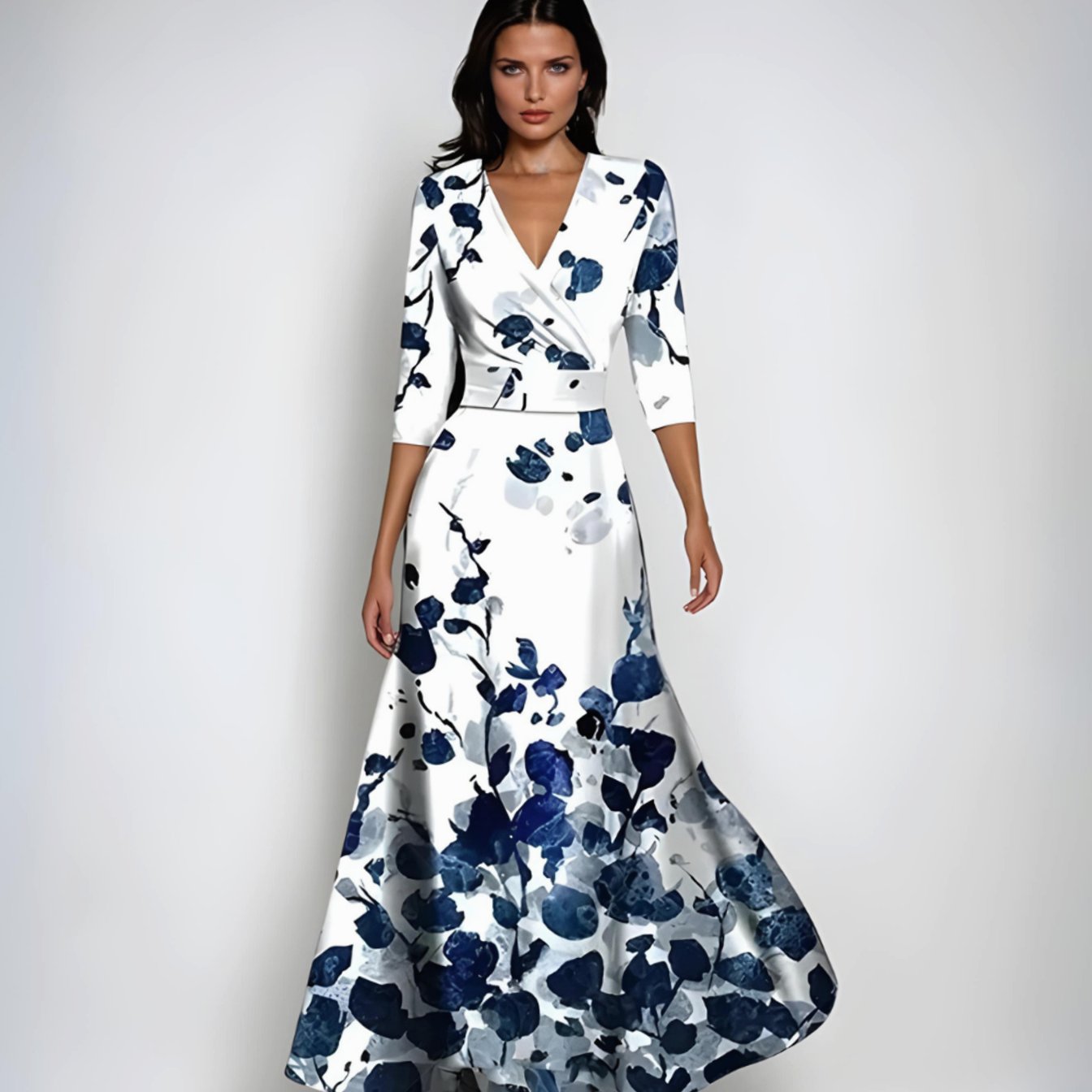 Detalle de la cintura entallada y el cierre cruzado del vestido floral