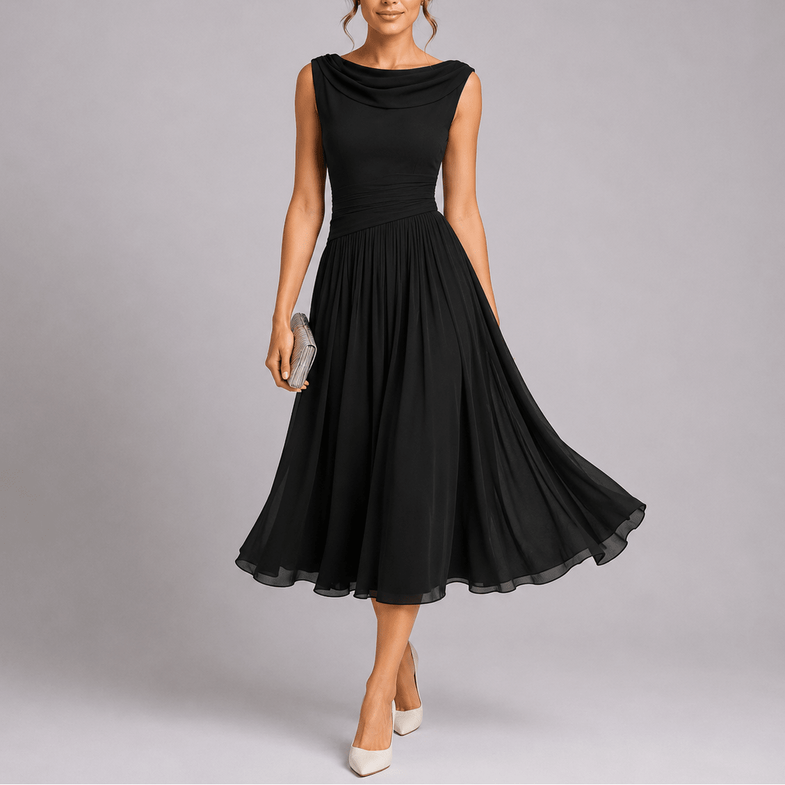 Lucía | Vestido Midi Plisado con Cuello Drapeado para Mujer - Noa Lagos