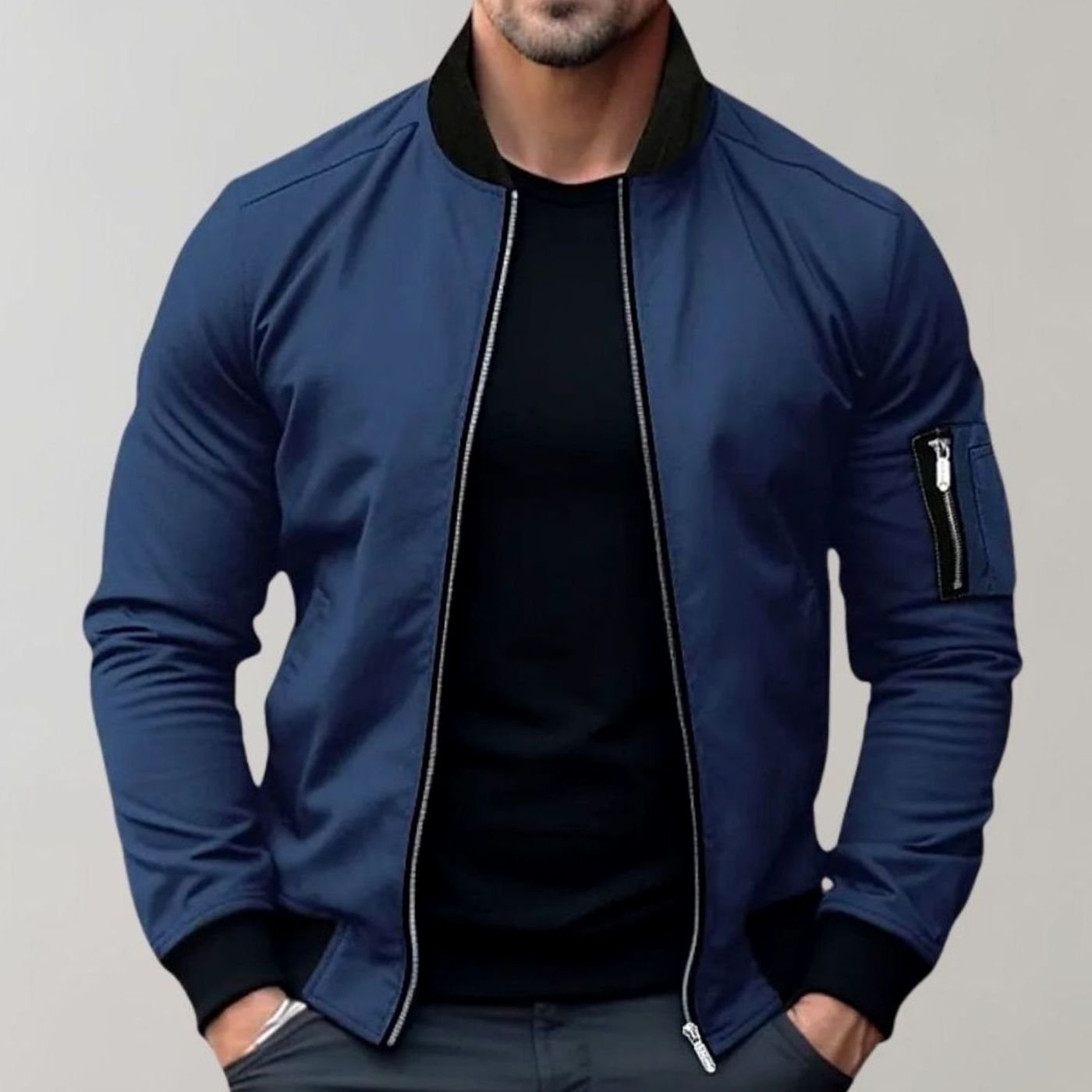 Cazadora bomber slim fit para hombre con cremallera completa y cuello de canalé