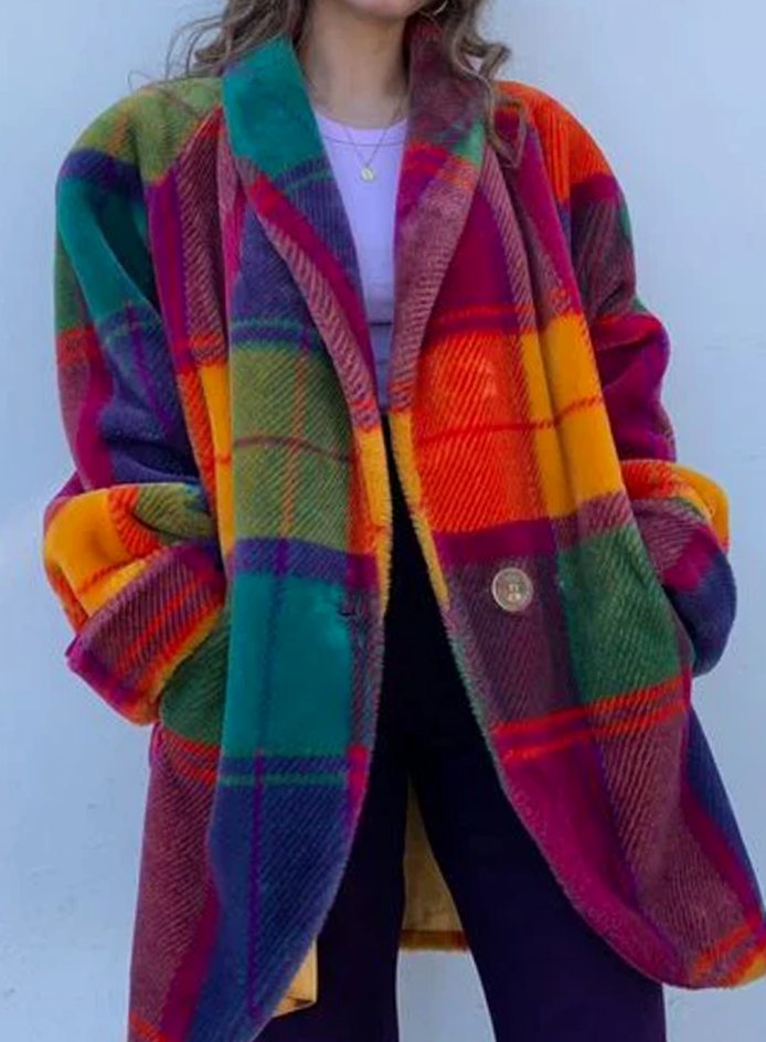 Abrigo largo oversize de cuadros multicolor para mujer, cierre de un botón, ideal para invierno