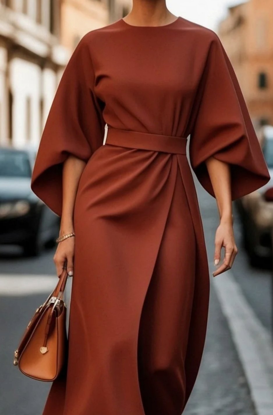 Escote redondo del vestido elegante de mujer con mangas amplias