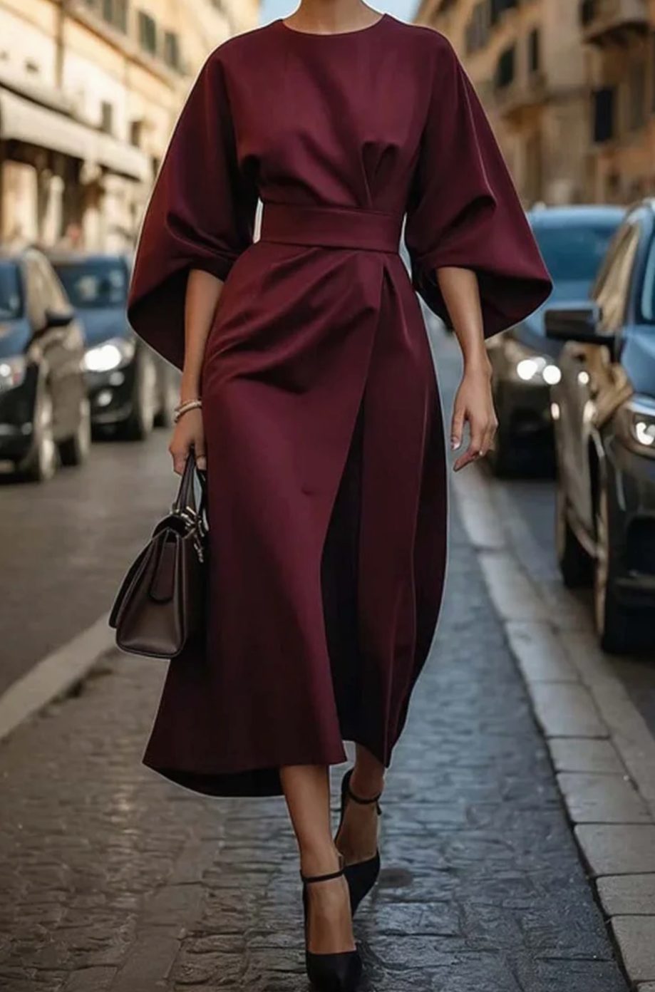 Detalle de tejido y caída fluida del vestido midi elegante de mujer