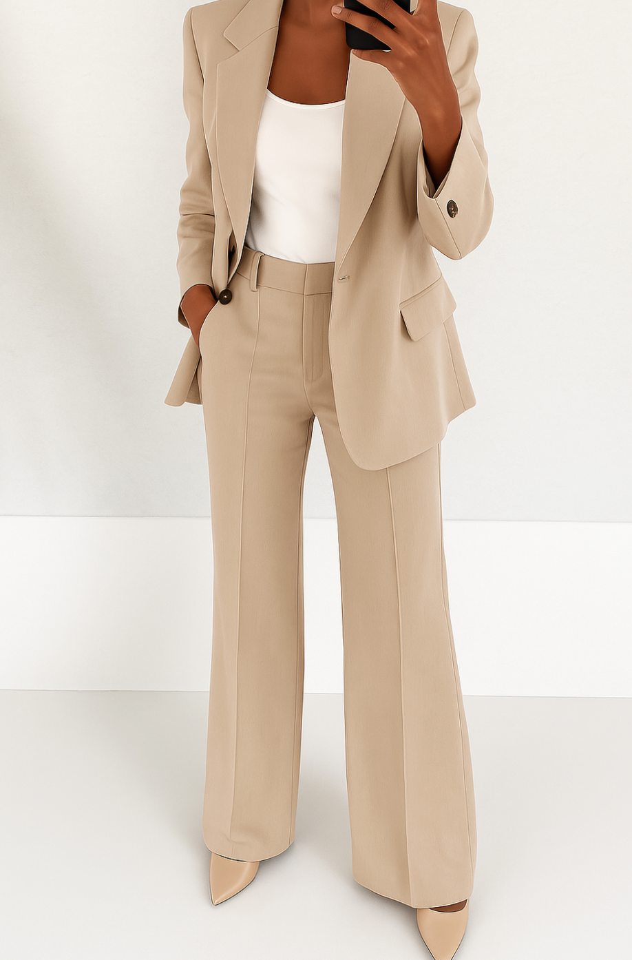Pantalón recto de cintura alta combinado con blazer a juego