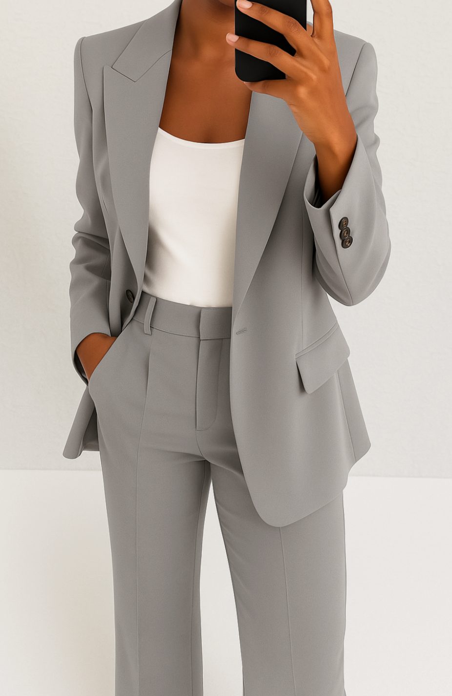 Detalle de la tela y el acabado del blazer de vestir para mujer