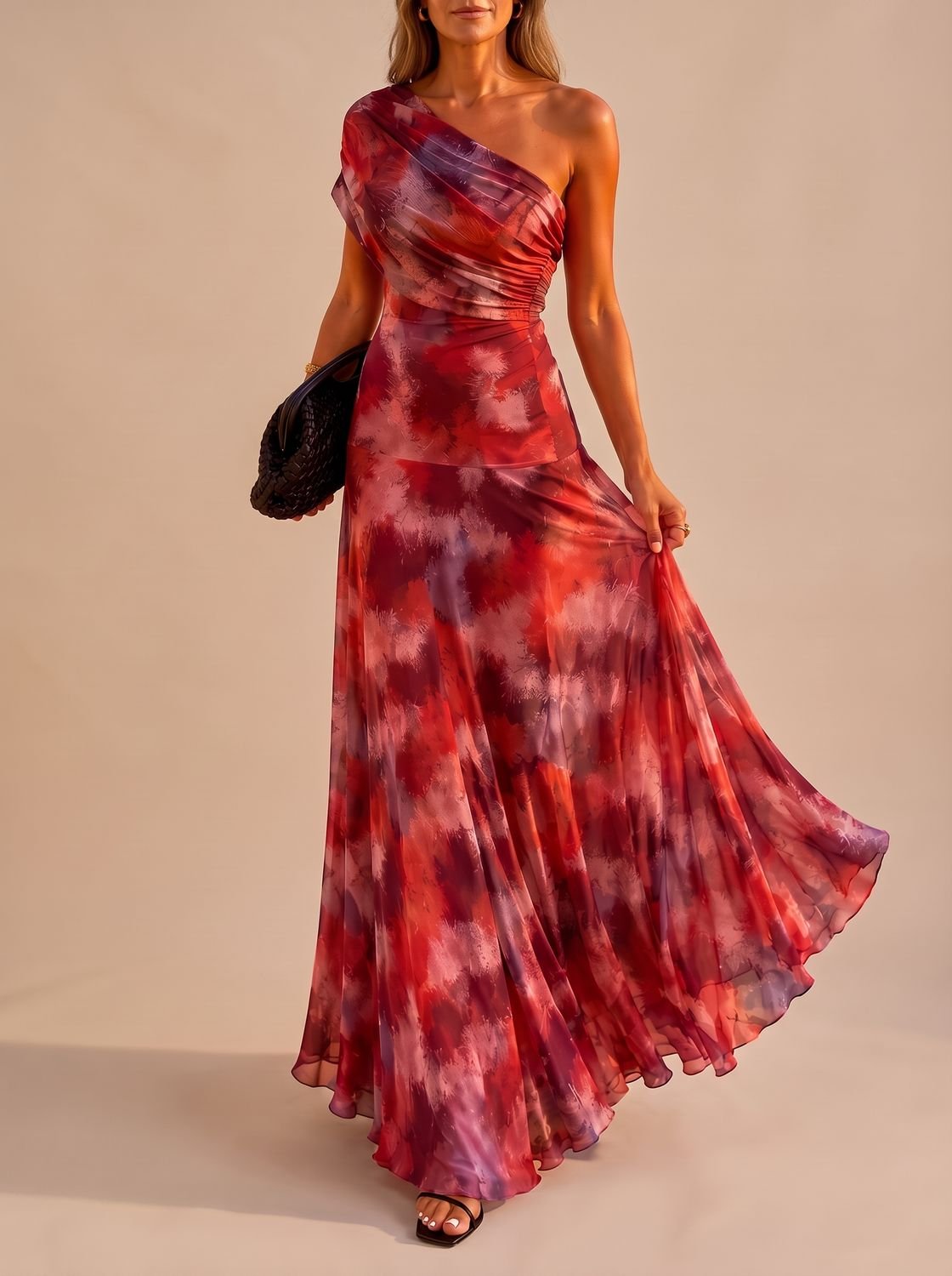 Vista completa del vestido largo boho de un hombro para ocasiones especiales
