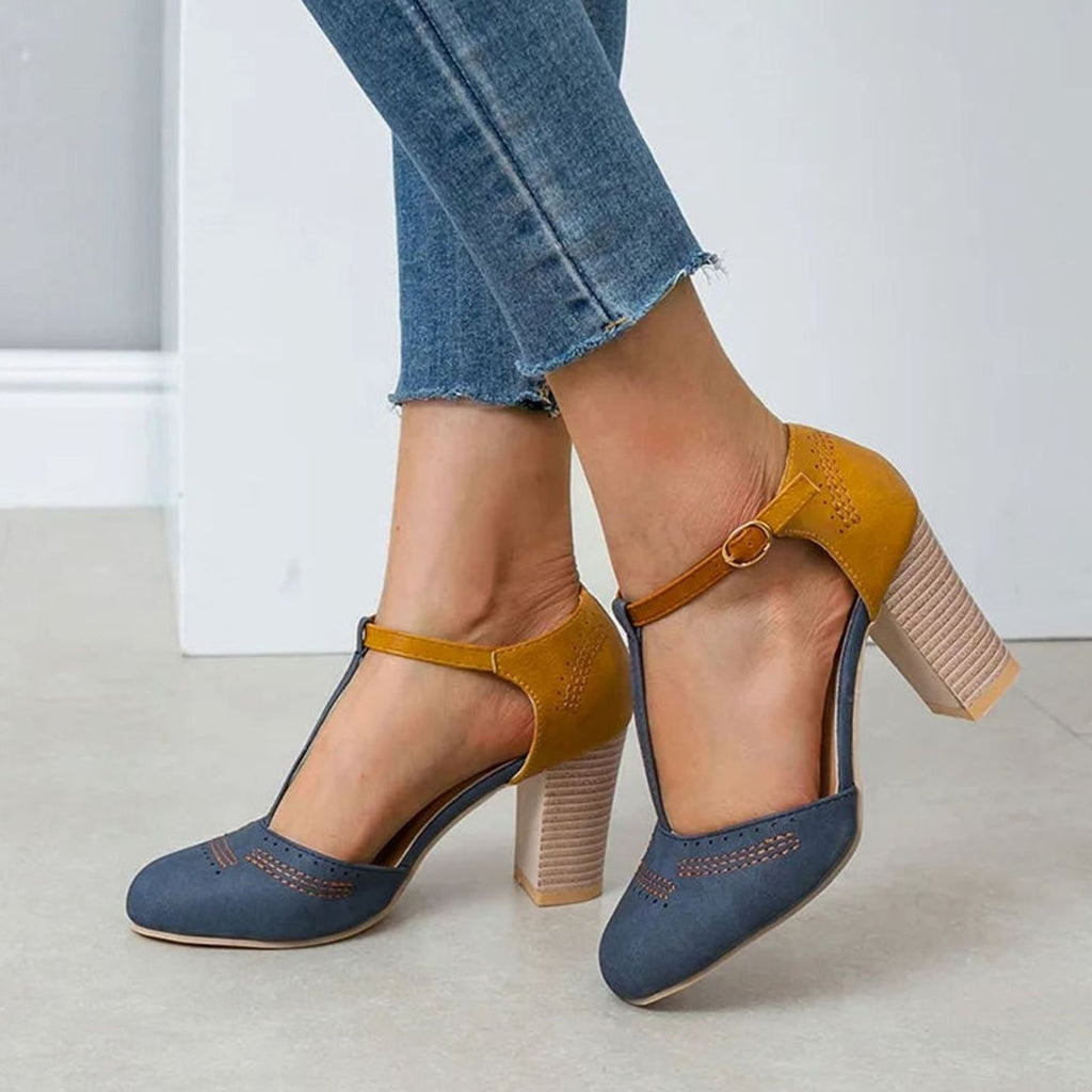 Zapato de tacón ancho de piel sintética con costuras de contraste