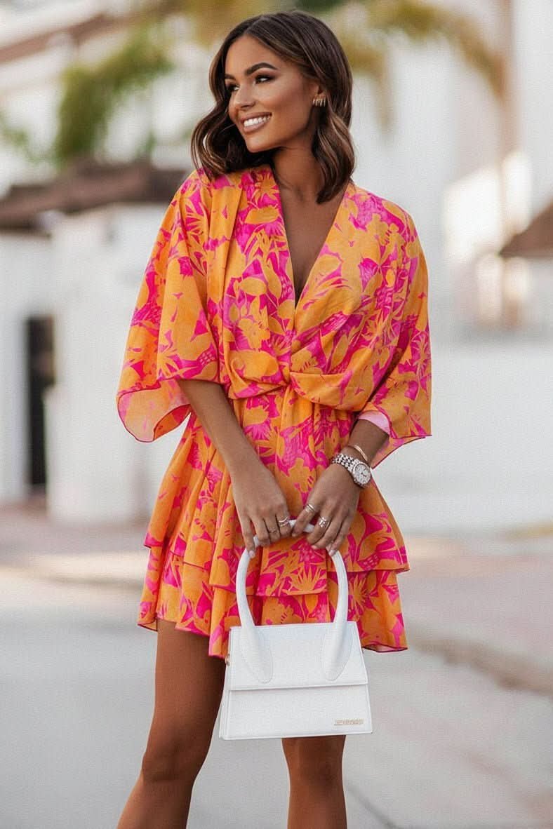 Valentina | Minivestido de cóctel con estampado tropical para mujer con falda escalonada - Noa Lagos