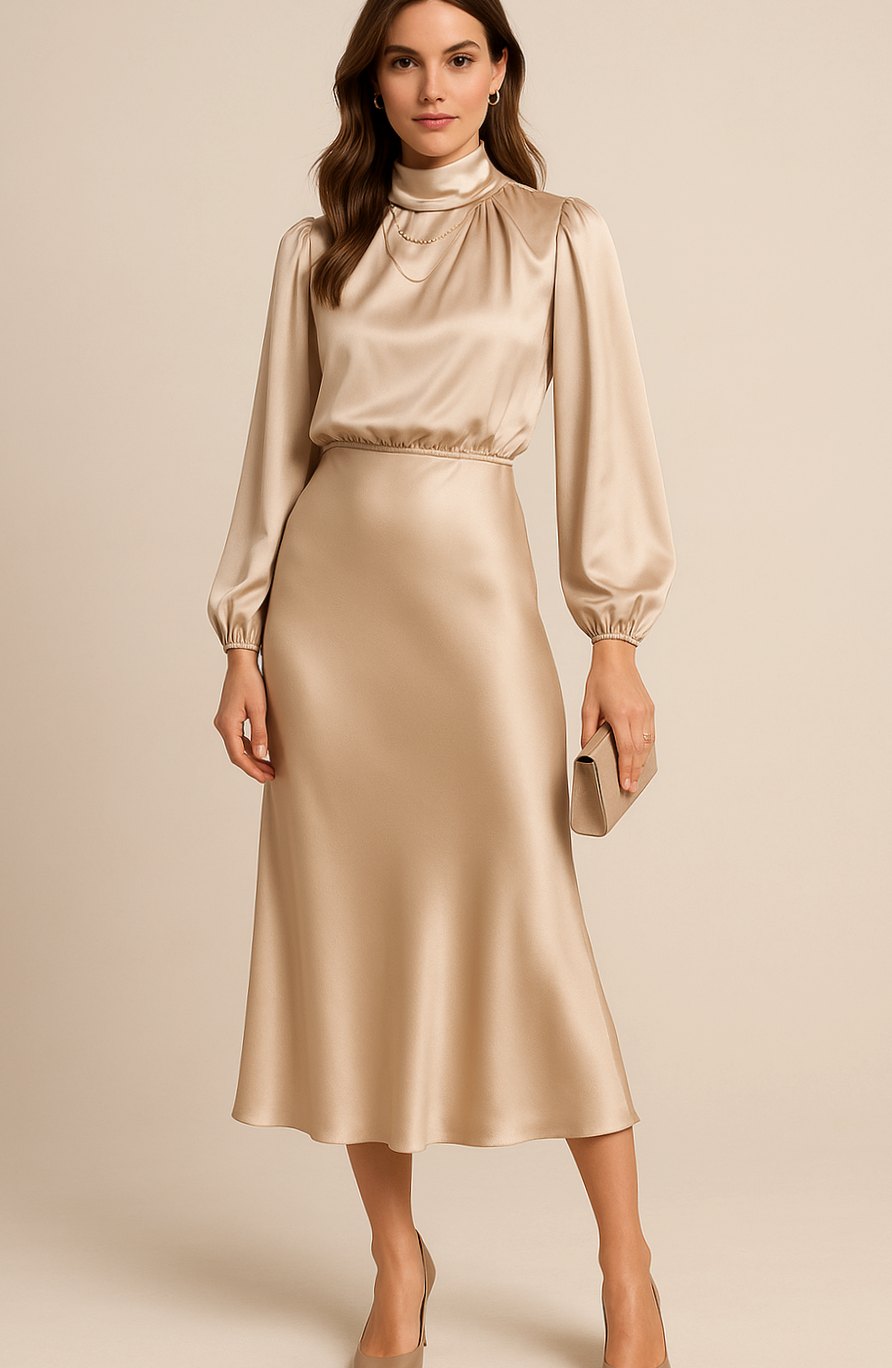 Modelo luciendo el vestido midi de satén en color albaricoque