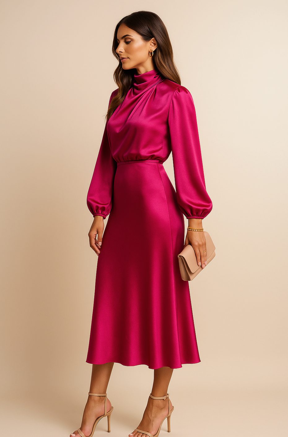 Vista completa del vestido con accesorios minimalistas