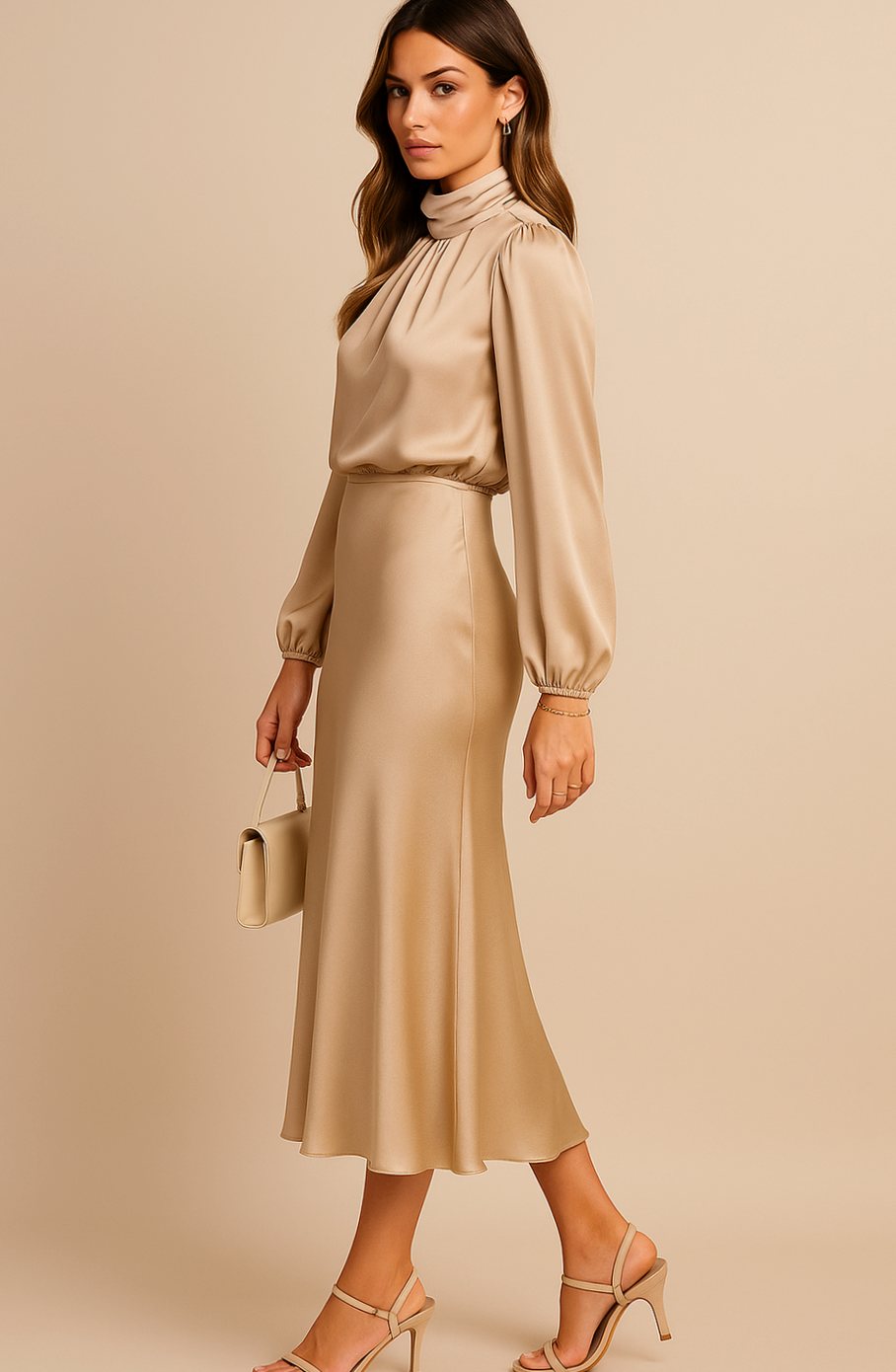Vestido de satén combinado con joyería dorada delicada