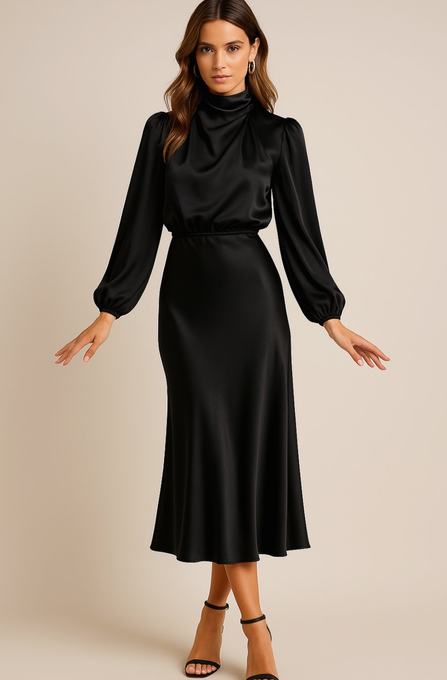 Modelo sentada luciendo el vestido midi de satén