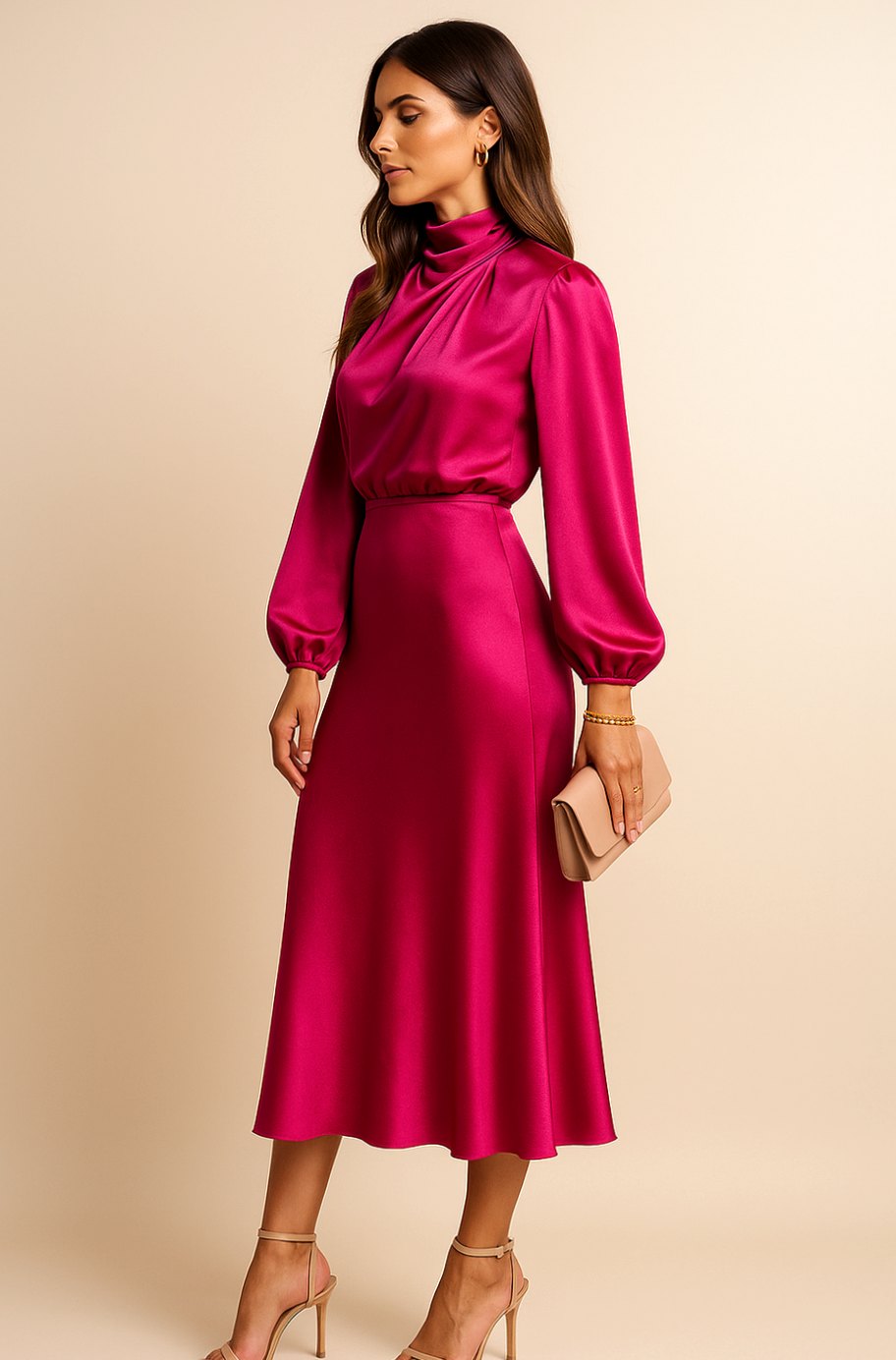 Vestido midi de satén, imagen final de presentación de producto