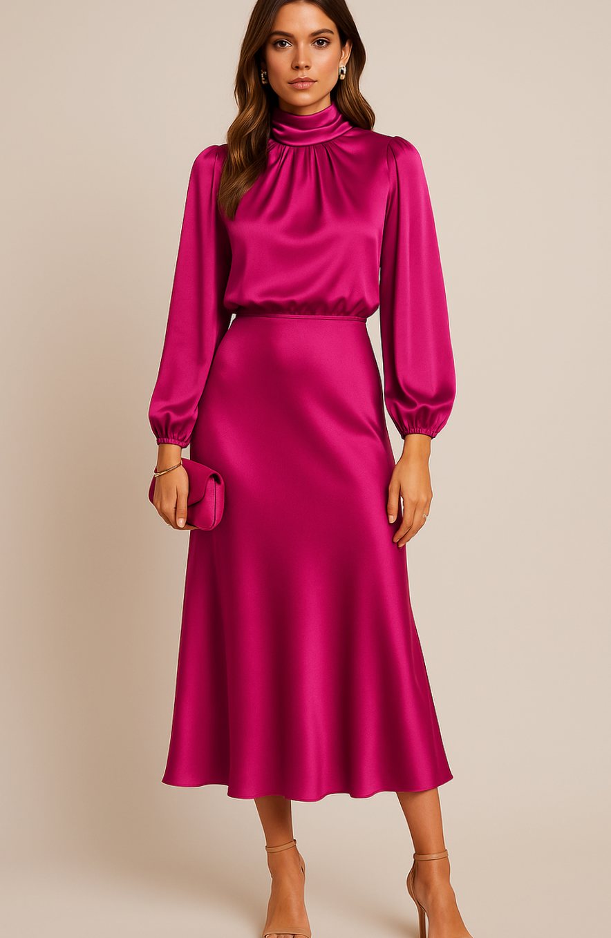 Modelo luciendo el vestido midi de satén en color negro