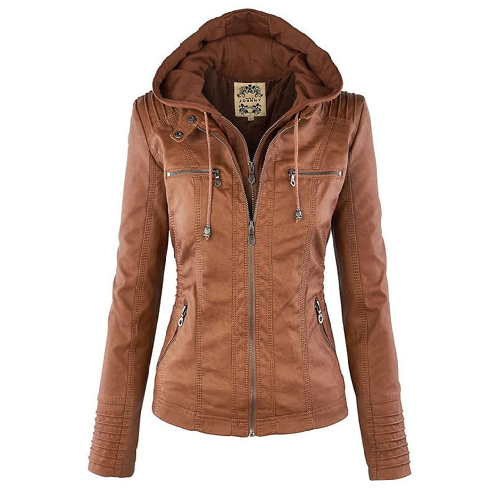 Chaqueta de cuero impermeable con capucha para mujer, modelo Nerea