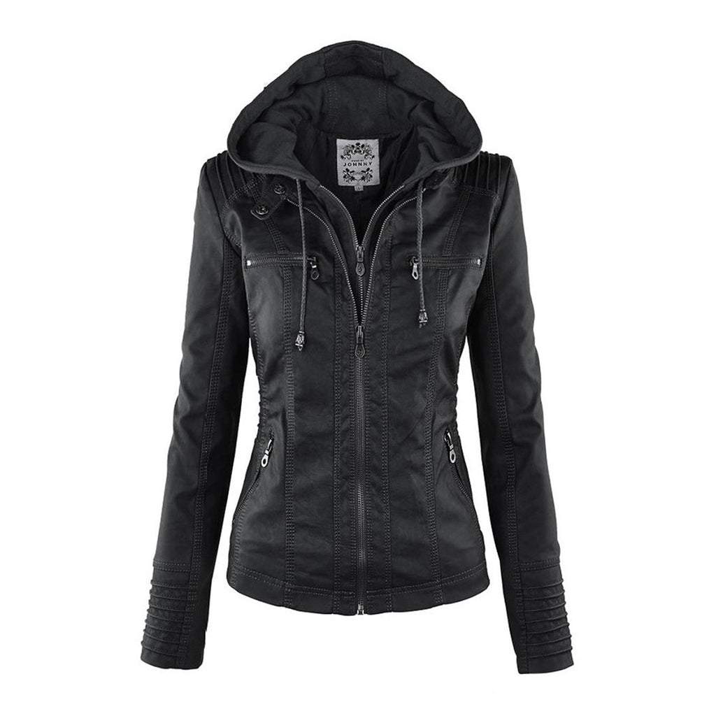 Vista frontal de la chaqueta de cuero Nerea con capucha ajustable