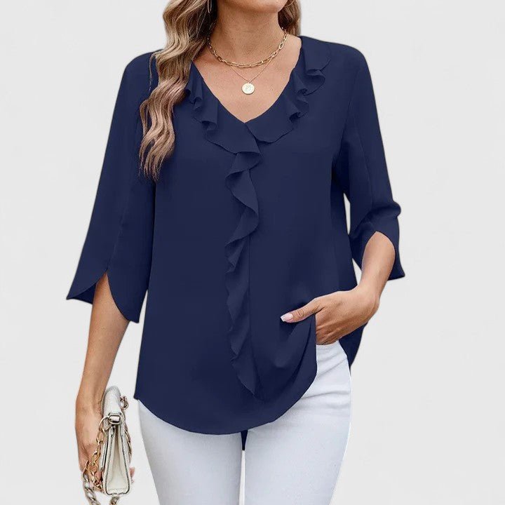 CARLA – Blusa de gasa con escote en V y volantes para mujer